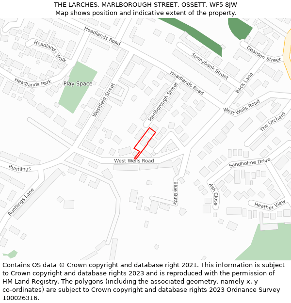 THE LARCHES, MARLBOROUGH STREET, OSSETT, WF5 8JW: Location map and indicative extent of plot