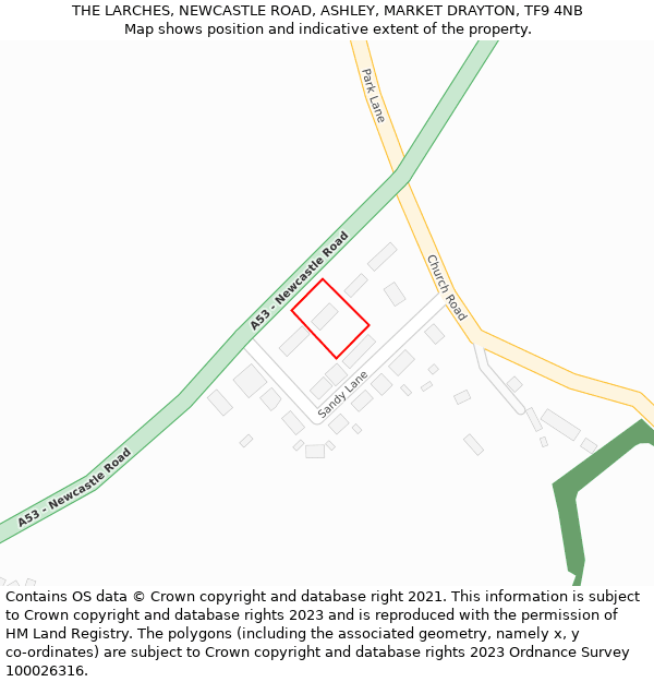 THE LARCHES, NEWCASTLE ROAD, ASHLEY, MARKET DRAYTON, TF9 4NB: Location map and indicative extent of plot