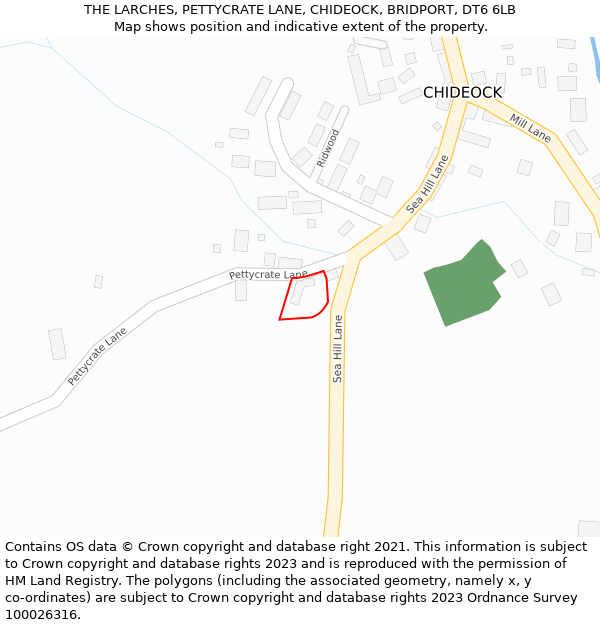 THE LARCHES, PETTYCRATE LANE, CHIDEOCK, BRIDPORT, DT6 6LB: Location map and indicative extent of plot