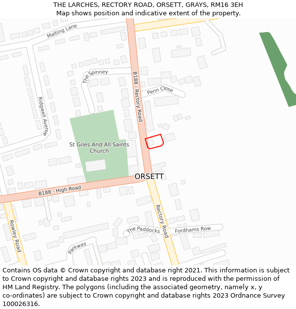 THE LARCHES, RECTORY ROAD, ORSETT, GRAYS, RM16 3EH: Location map and indicative extent of plot
