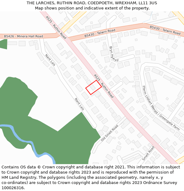 THE LARCHES, RUTHIN ROAD, COEDPOETH, WREXHAM, LL11 3US: Location map and indicative extent of plot