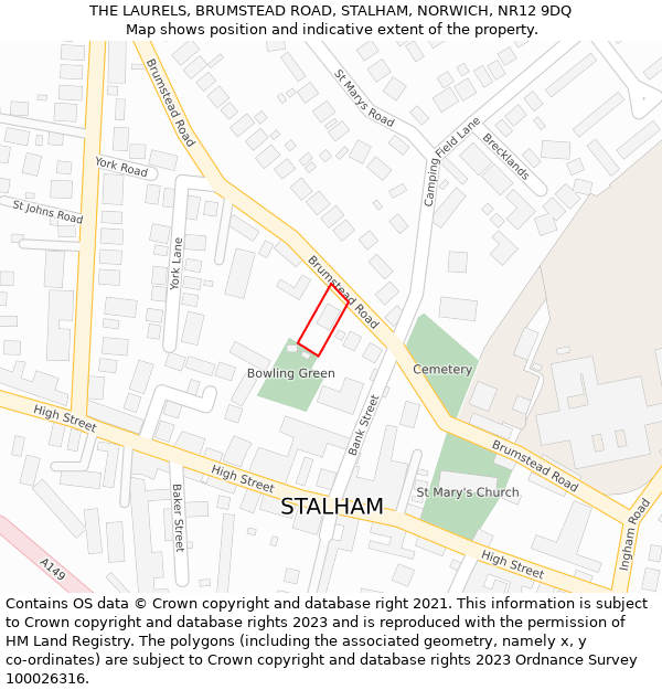 THE LAURELS, BRUMSTEAD ROAD, STALHAM, NORWICH, NR12 9DQ: Location map and indicative extent of plot