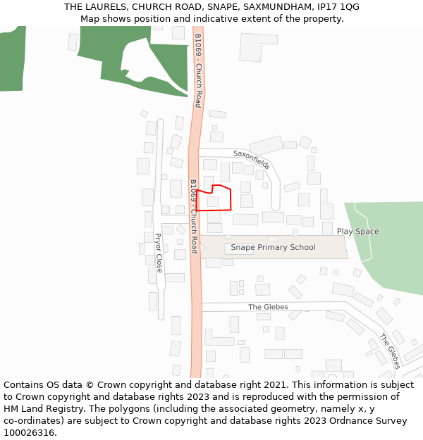 THE LAURELS, CHURCH ROAD, SNAPE, SAXMUNDHAM, IP17 1QG: Location map and indicative extent of plot