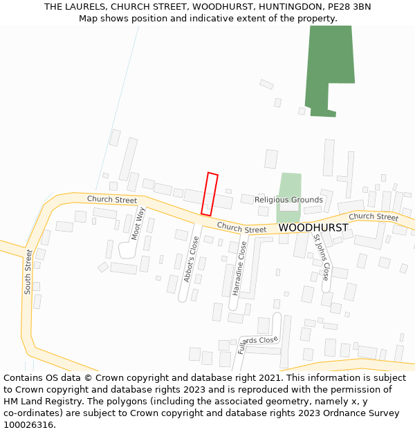 THE LAURELS, CHURCH STREET, WOODHURST, HUNTINGDON, PE28 3BN: Location map and indicative extent of plot