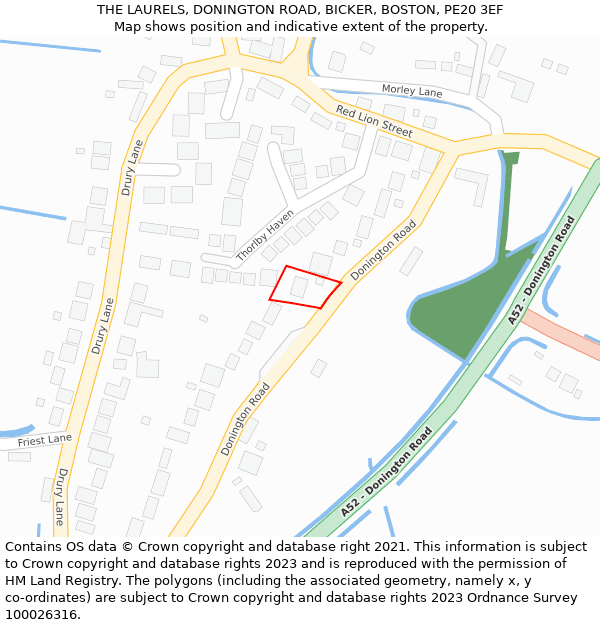 THE LAURELS, DONINGTON ROAD, BICKER, BOSTON, PE20 3EF: Location map and indicative extent of plot