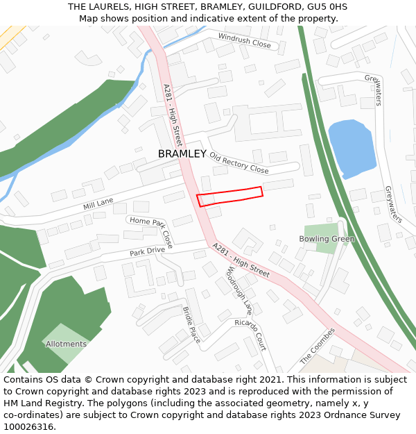 THE LAURELS, HIGH STREET, BRAMLEY, GUILDFORD, GU5 0HS: Location map and indicative extent of plot