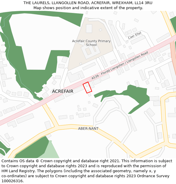 THE LAURELS, LLANGOLLEN ROAD, ACREFAIR, WREXHAM, LL14 3RU: Location map and indicative extent of plot