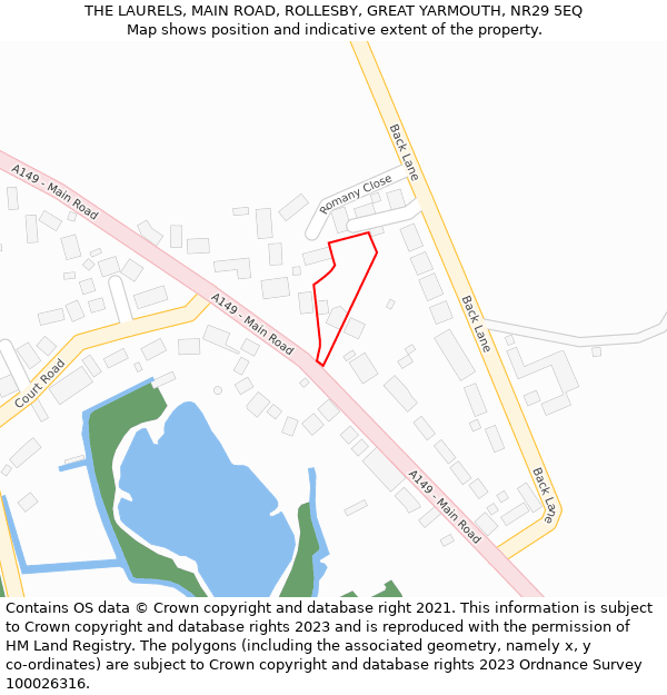 THE LAURELS, MAIN ROAD, ROLLESBY, GREAT YARMOUTH, NR29 5EQ: Location map and indicative extent of plot