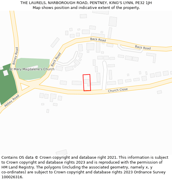 THE LAURELS, NARBOROUGH ROAD, PENTNEY, KING'S LYNN, PE32 1JH: Location map and indicative extent of plot