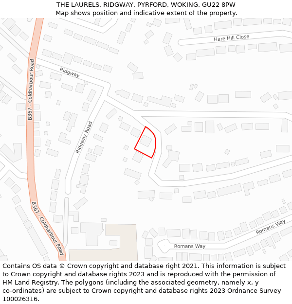 THE LAURELS, RIDGWAY, PYRFORD, WOKING, GU22 8PW: Location map and indicative extent of plot