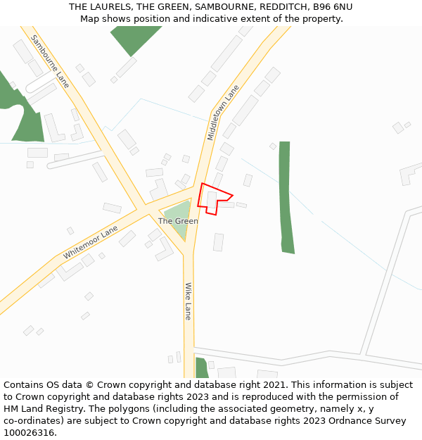 THE LAURELS, THE GREEN, SAMBOURNE, REDDITCH, B96 6NU: Location map and indicative extent of plot