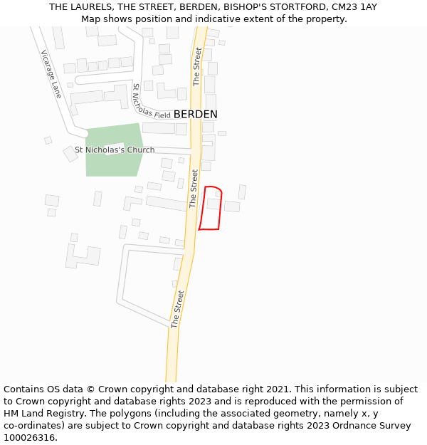 THE LAURELS, THE STREET, BERDEN, BISHOP'S STORTFORD, CM23 1AY: Location map and indicative extent of plot