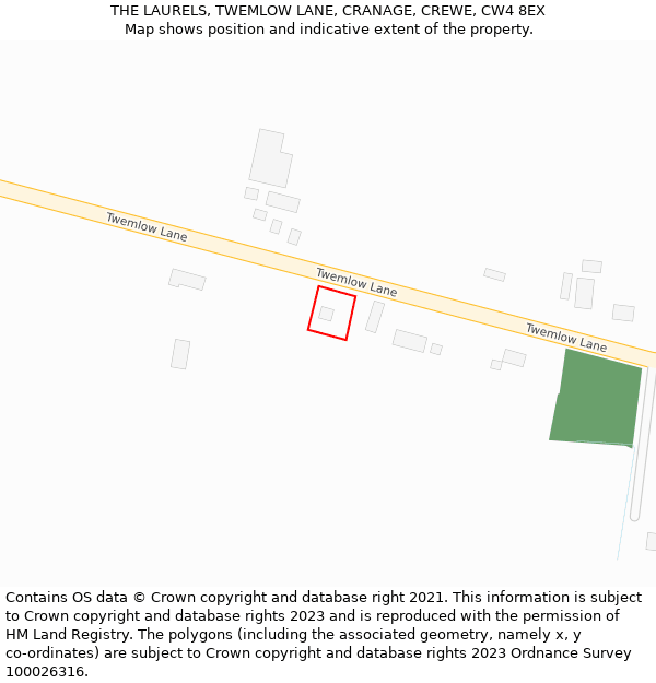 THE LAURELS, TWEMLOW LANE, CRANAGE, CREWE, CW4 8EX: Location map and indicative extent of plot