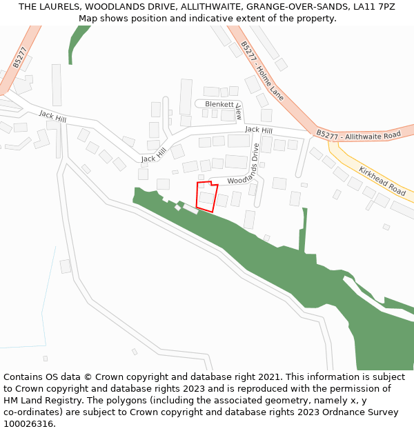 THE LAURELS, WOODLANDS DRIVE, ALLITHWAITE, GRANGE-OVER-SANDS, LA11 7PZ: Location map and indicative extent of plot