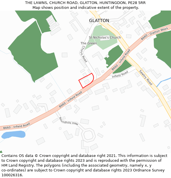 THE LAWNS, CHURCH ROAD, GLATTON, HUNTINGDON, PE28 5RR: Location map and indicative extent of plot