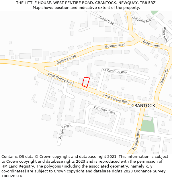 THE LITTLE HOUSE, WEST PENTIRE ROAD, CRANTOCK, NEWQUAY, TR8 5RZ: Location map and indicative extent of plot