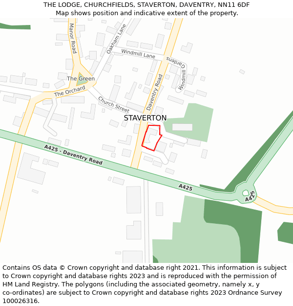 THE LODGE, CHURCHFIELDS, STAVERTON, DAVENTRY, NN11 6DF: Location map and indicative extent of plot