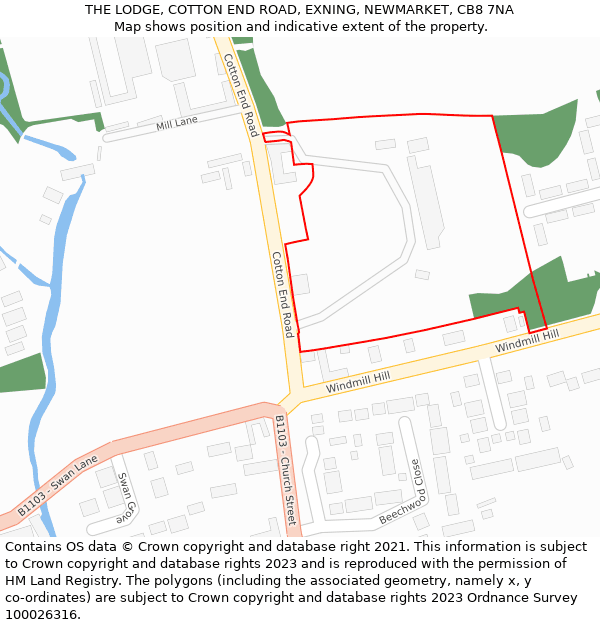 THE LODGE, COTTON END ROAD, EXNING, NEWMARKET, CB8 7NA: Location map and indicative extent of plot