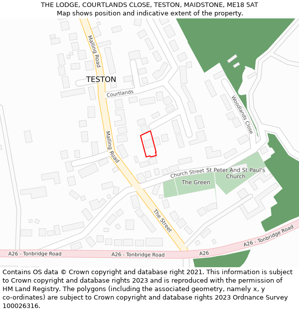 THE LODGE, COURTLANDS CLOSE, TESTON, MAIDSTONE, ME18 5AT: Location map and indicative extent of plot