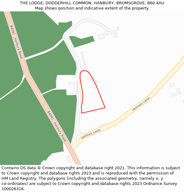 THE LODGE, DODDERHILL COMMON, HANBURY, BROMSGROVE, B60 4AU: Location map and indicative extent of plot