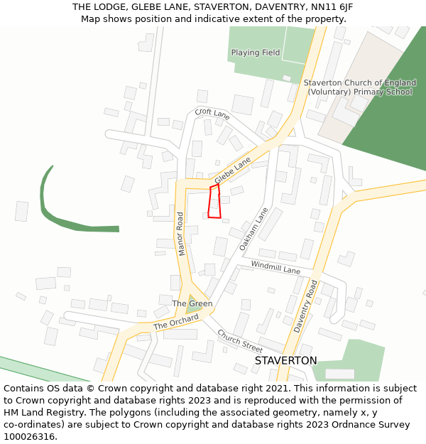 THE LODGE, GLEBE LANE, STAVERTON, DAVENTRY, NN11 6JF: Location map and indicative extent of plot