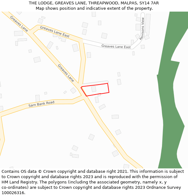 THE LODGE, GREAVES LANE, THREAPWOOD, MALPAS, SY14 7AR: Location map and indicative extent of plot
