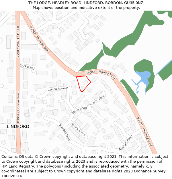 THE LODGE, HEADLEY ROAD, LINDFORD, BORDON, GU35 0NZ: Location map and indicative extent of plot