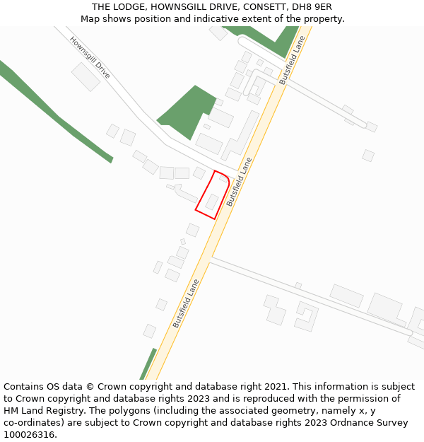 THE LODGE, HOWNSGILL DRIVE, CONSETT, DH8 9ER: Location map and indicative extent of plot