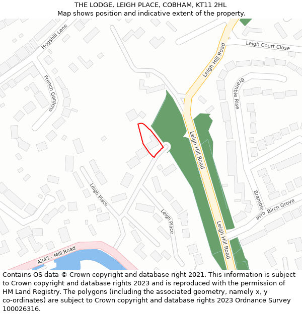 THE LODGE, LEIGH PLACE, COBHAM, KT11 2HL: Location map and indicative extent of plot