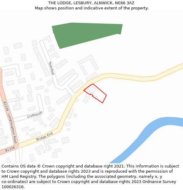 THE LODGE, LESBURY, ALNWICK, NE66 3AZ: Location map and indicative extent of plot