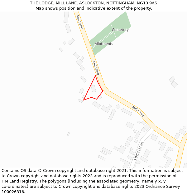 THE LODGE, MILL LANE, ASLOCKTON, NOTTINGHAM, NG13 9AS: Location map and indicative extent of plot