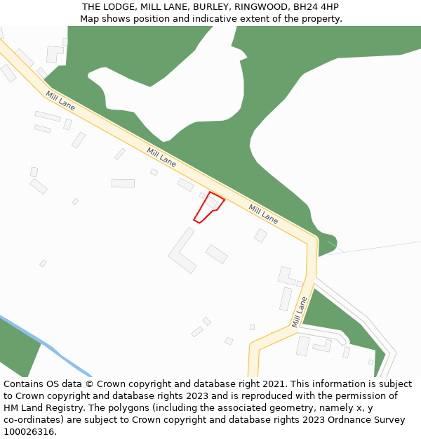 THE LODGE, MILL LANE, BURLEY, RINGWOOD, BH24 4HP: Location map and indicative extent of plot