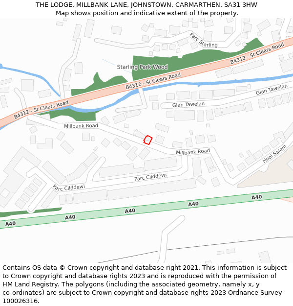 THE LODGE, MILLBANK LANE, JOHNSTOWN, CARMARTHEN, SA31 3HW: Location map and indicative extent of plot