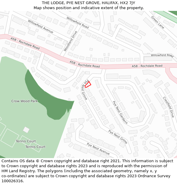 THE LODGE, PYE NEST GROVE, HALIFAX, HX2 7JY: Location map and indicative extent of plot