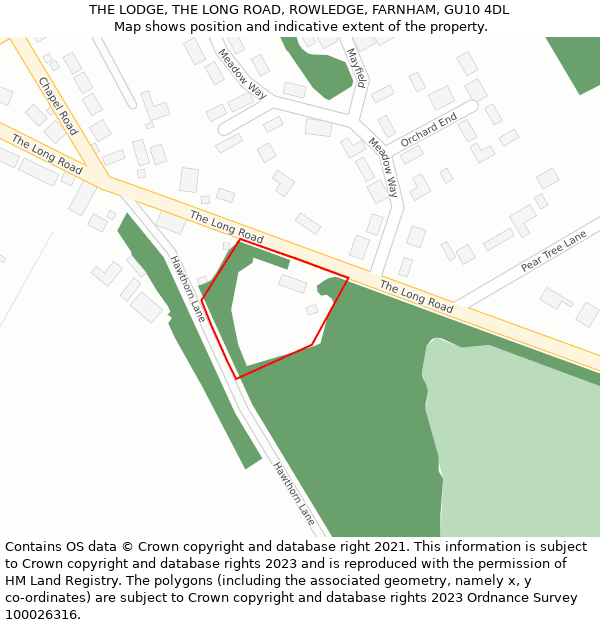 THE LODGE, THE LONG ROAD, ROWLEDGE, FARNHAM, GU10 4DL: Location map and indicative extent of plot