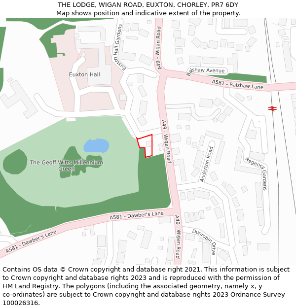 THE LODGE, WIGAN ROAD, EUXTON, CHORLEY, PR7 6DY: Location map and indicative extent of plot