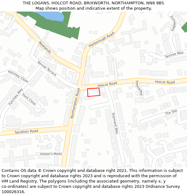 THE LOGANS, HOLCOT ROAD, BRIXWORTH, NORTHAMPTON, NN6 9BS: Location map and indicative extent of plot
