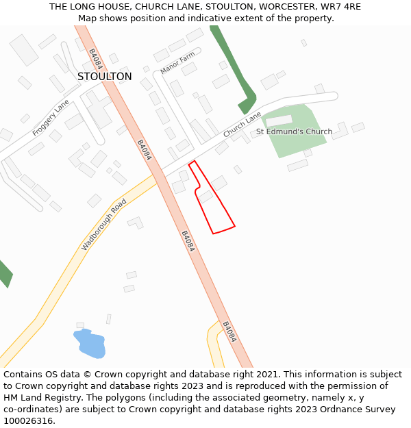 THE LONG HOUSE, CHURCH LANE, STOULTON, WORCESTER, WR7 4RE: Location map and indicative extent of plot