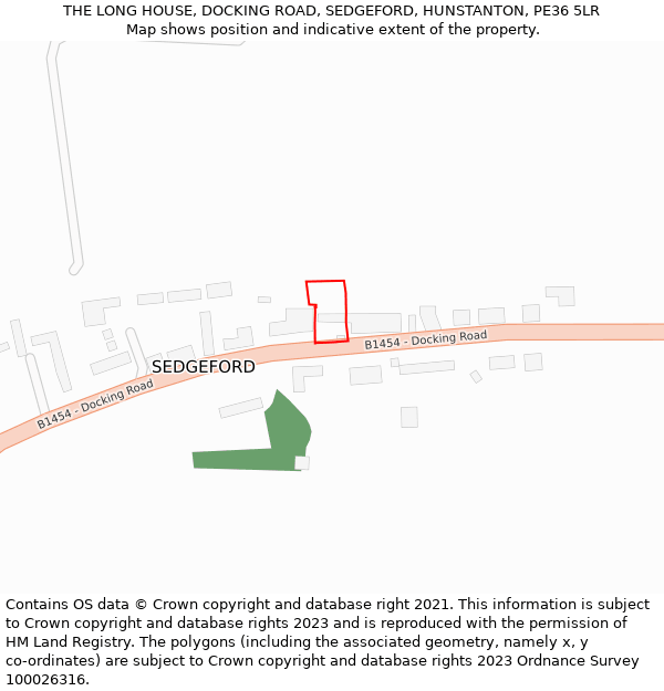 THE LONG HOUSE, DOCKING ROAD, SEDGEFORD, HUNSTANTON, PE36 5LR: Location map and indicative extent of plot