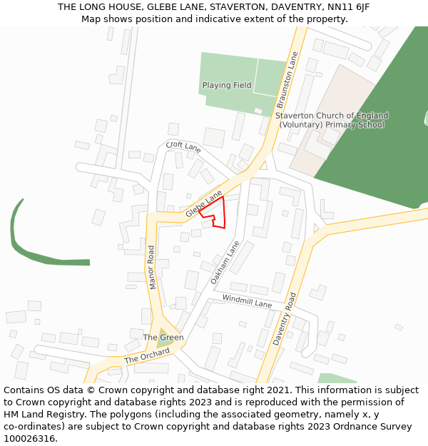 THE LONG HOUSE, GLEBE LANE, STAVERTON, DAVENTRY, NN11 6JF: Location map and indicative extent of plot