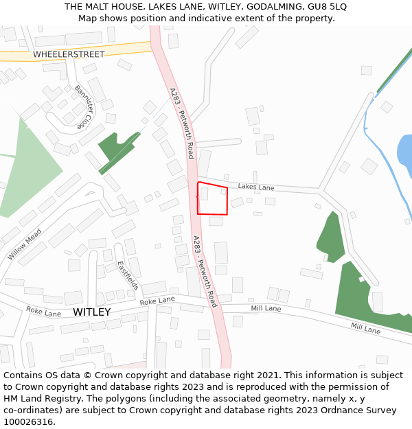 THE MALT HOUSE, LAKES LANE, WITLEY, GODALMING, GU8 5LQ: Location map and indicative extent of plot