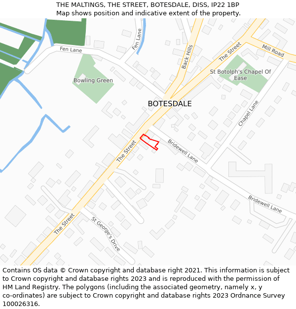 THE MALTINGS, THE STREET, BOTESDALE, DISS, IP22 1BP: Location map and indicative extent of plot