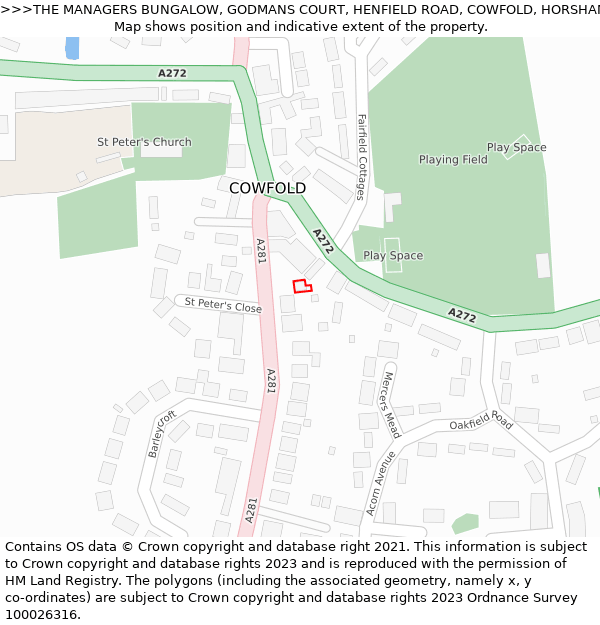 THE MANAGERS BUNGALOW, GODMANS COURT, HENFIELD ROAD, COWFOLD, HORSHAM, RH13 8DZ: Location map and indicative extent of plot