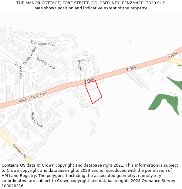 THE MANOR COTTAGE, FORE STREET, GOLDSITHNEY, PENZANCE, TR20 9HD: Location map and indicative extent of plot