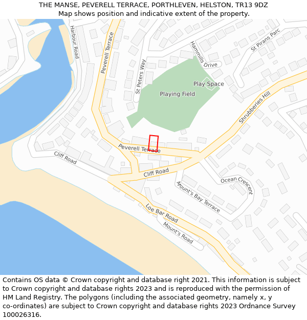 THE MANSE, PEVERELL TERRACE, PORTHLEVEN, HELSTON, TR13 9DZ: Location map and indicative extent of plot