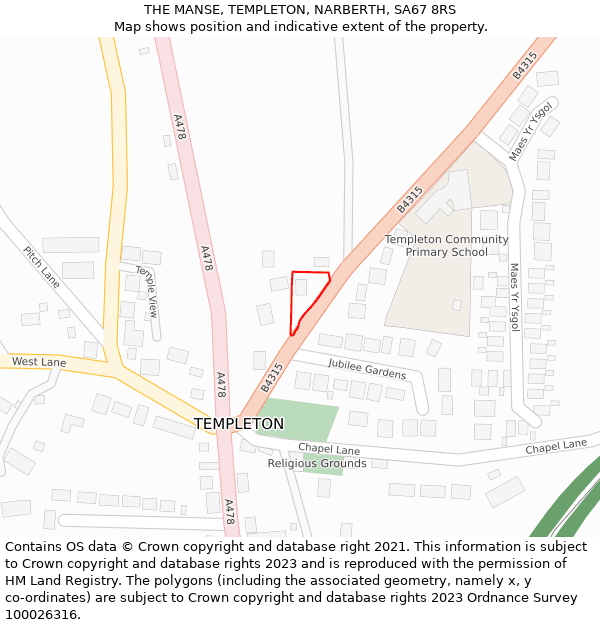 THE MANSE, TEMPLETON, NARBERTH, SA67 8RS: Location map and indicative extent of plot