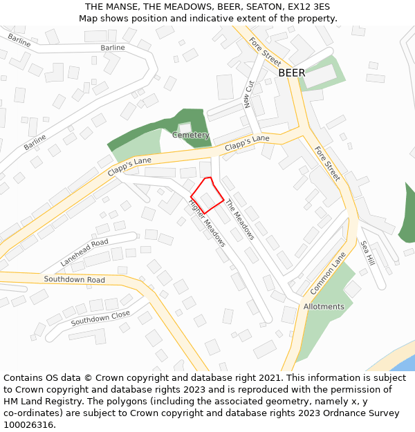 THE MANSE, THE MEADOWS, BEER, SEATON, EX12 3ES: Location map and indicative extent of plot