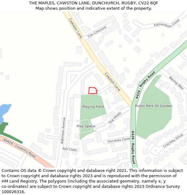 THE MAPLES, CAWSTON LANE, DUNCHURCH, RUGBY, CV22 6QF: Location map and indicative extent of plot