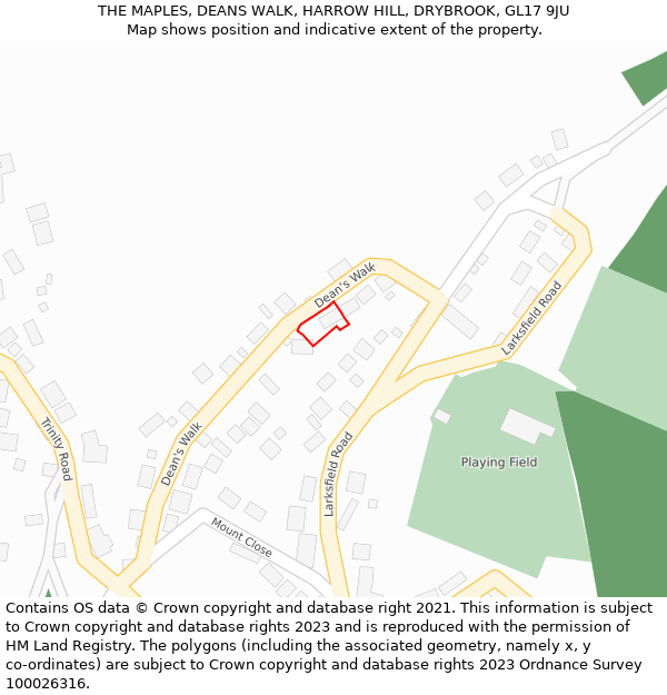 THE MAPLES, DEANS WALK, HARROW HILL, DRYBROOK, GL17 9JU: Location map and indicative extent of plot