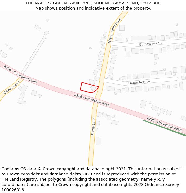 THE MAPLES, GREEN FARM LANE, SHORNE, GRAVESEND, DA12 3HL: Location map and indicative extent of plot